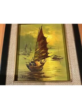 Vintage Chinese Junk Boat Oil Painting Signed C. Chang Framed Asian Seascape Art